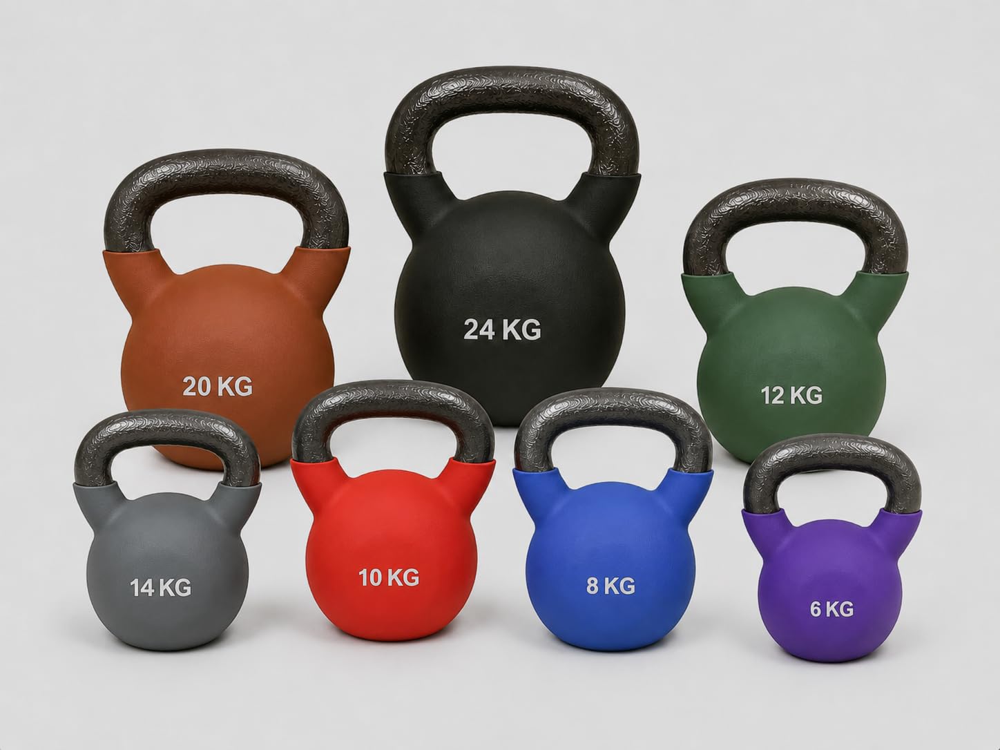 FLG Fitness - Kettlebell in neoprene da 6 a 24 kg, pesi colorati in ghisa per esercizi di forza, cardio e a casa
