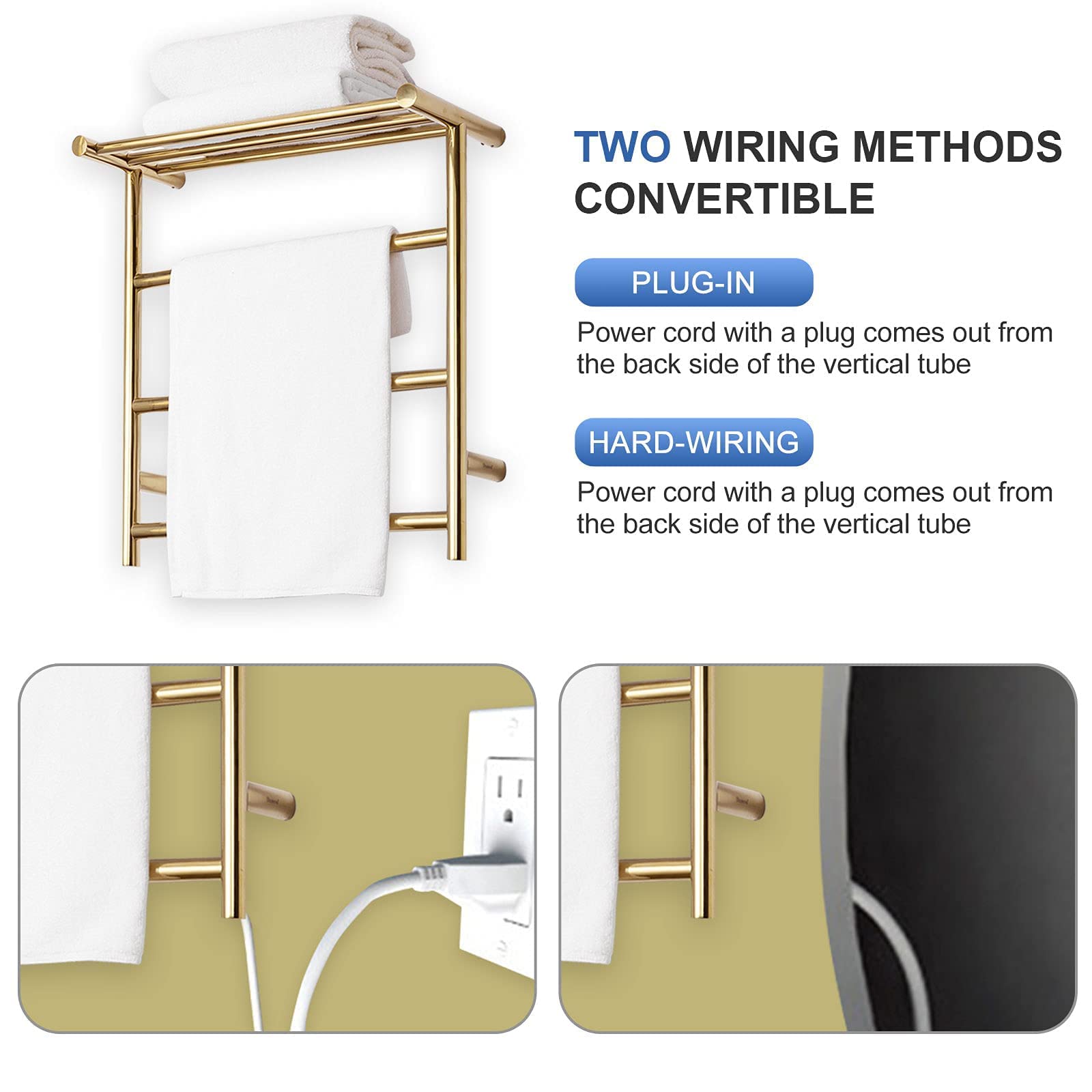 Radiador toallero eléctrico de Pared de Acero Inoxidable con Estante para baño, Color Dorado, 3 Barras (Plugin)