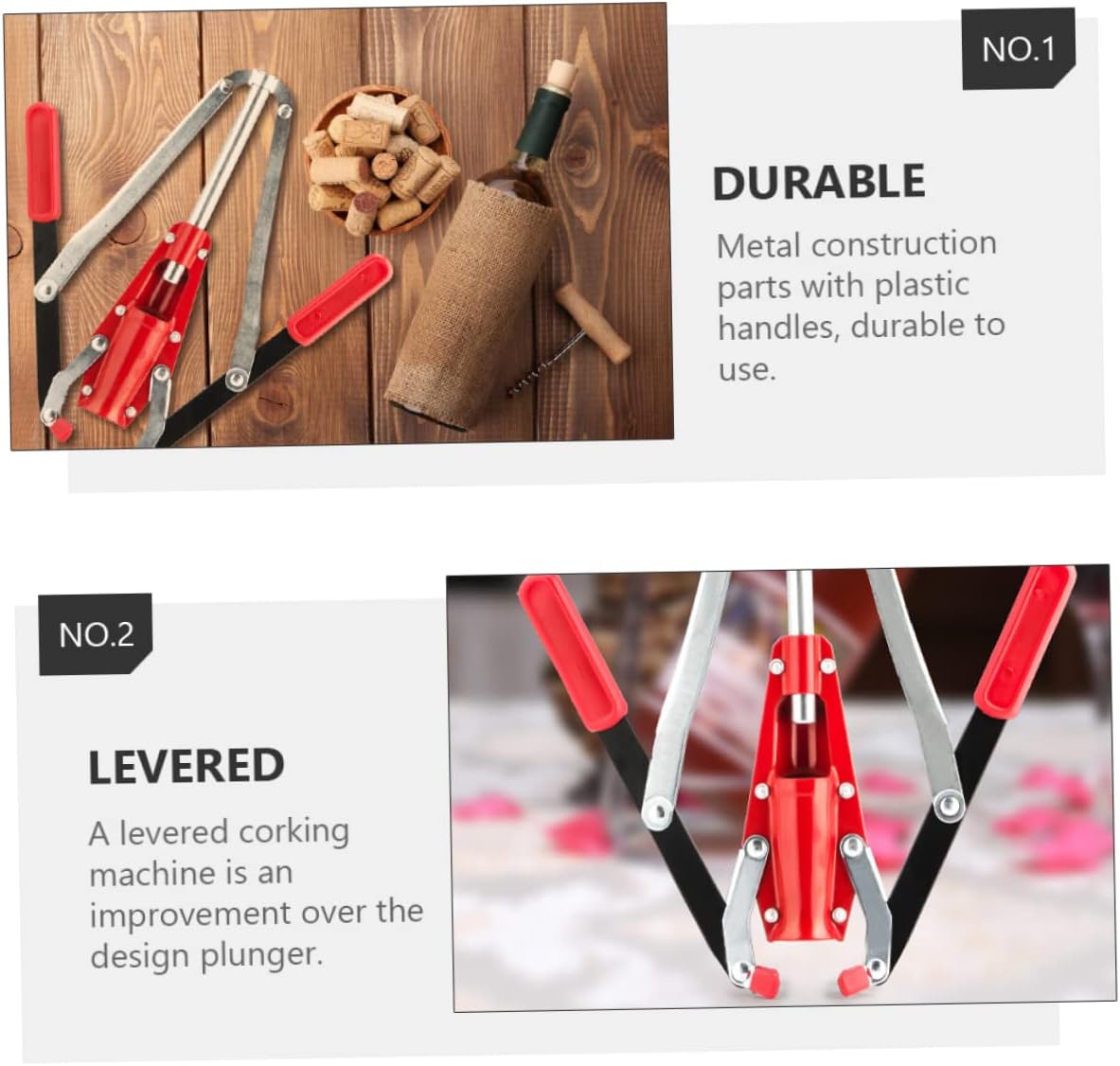 Handheld Wine Bottle Corker Metal Construction Plastic Handles Cork Remover