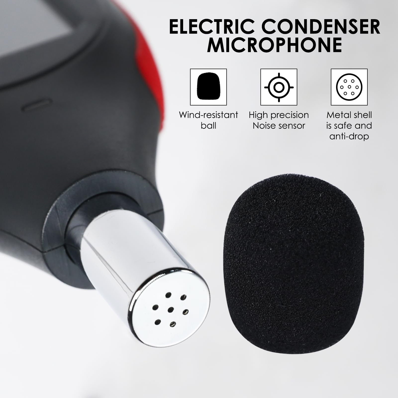 Misuratore di Decibel Misuratore di Livello Sonoro Rilevatore di Lettura da 30dB a 130dB MAX Data Hold, Misuratore di dB SPL con Allarme, Registrazione Dati e Funzione Ricaricabile