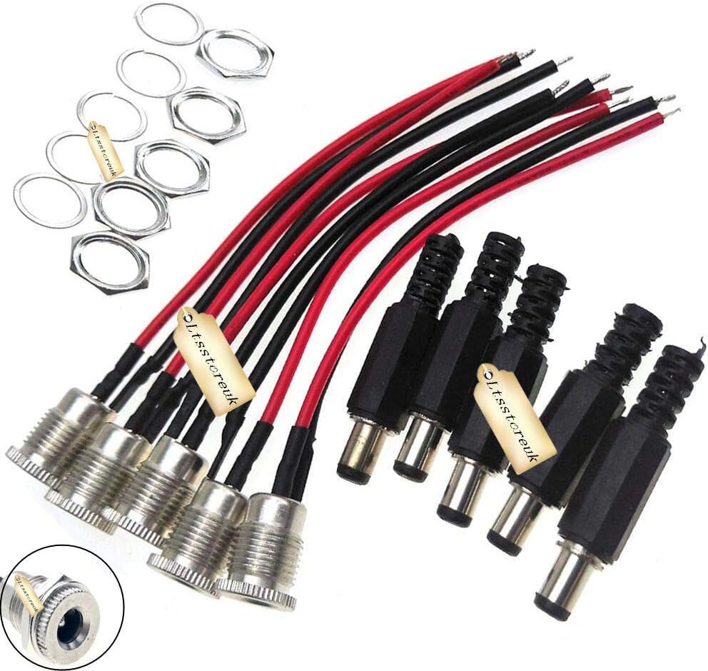 5.5 x 2.5 MM 10A DC Power Jack Socket DC-099 30V Threaded Female Mount Connector Adapter with 3.94Ich 22Awg Cable & Dc Barrel Jack Plug Male