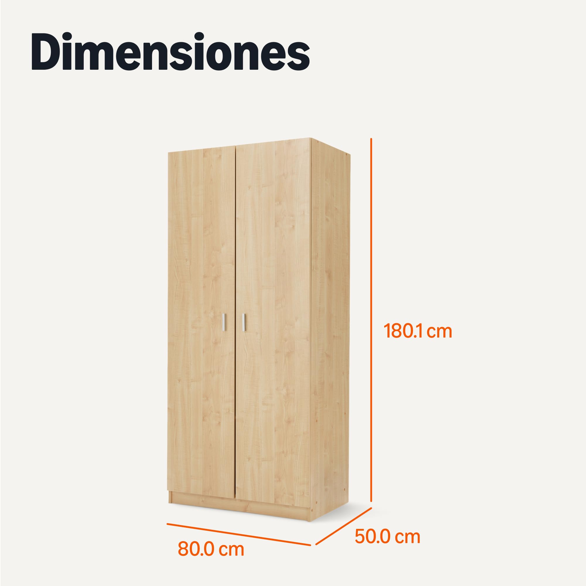 Amazon Basics Armario de Madera de Dos Puertas con Estante y Barra para Ropa, Mueble de Almacenamiento, Dormitorio, Roble, 50cm x 80cm x 180,1cm