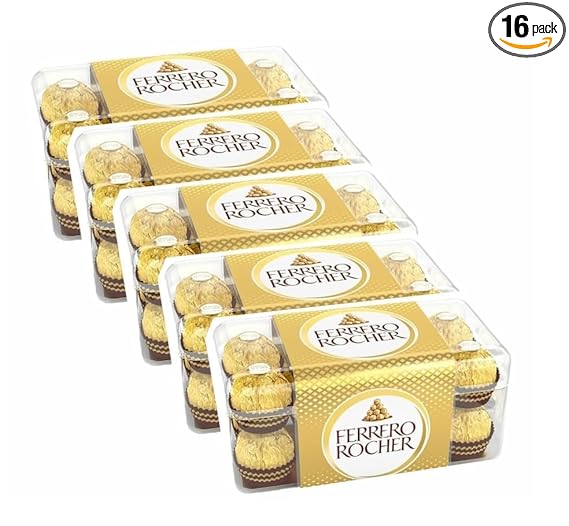 Ferrero Rocher, Exquisite Hazelnut and Milk Chocolate Premium Gift Box, 16 Pieces Each (200 gm, Pack of 5)