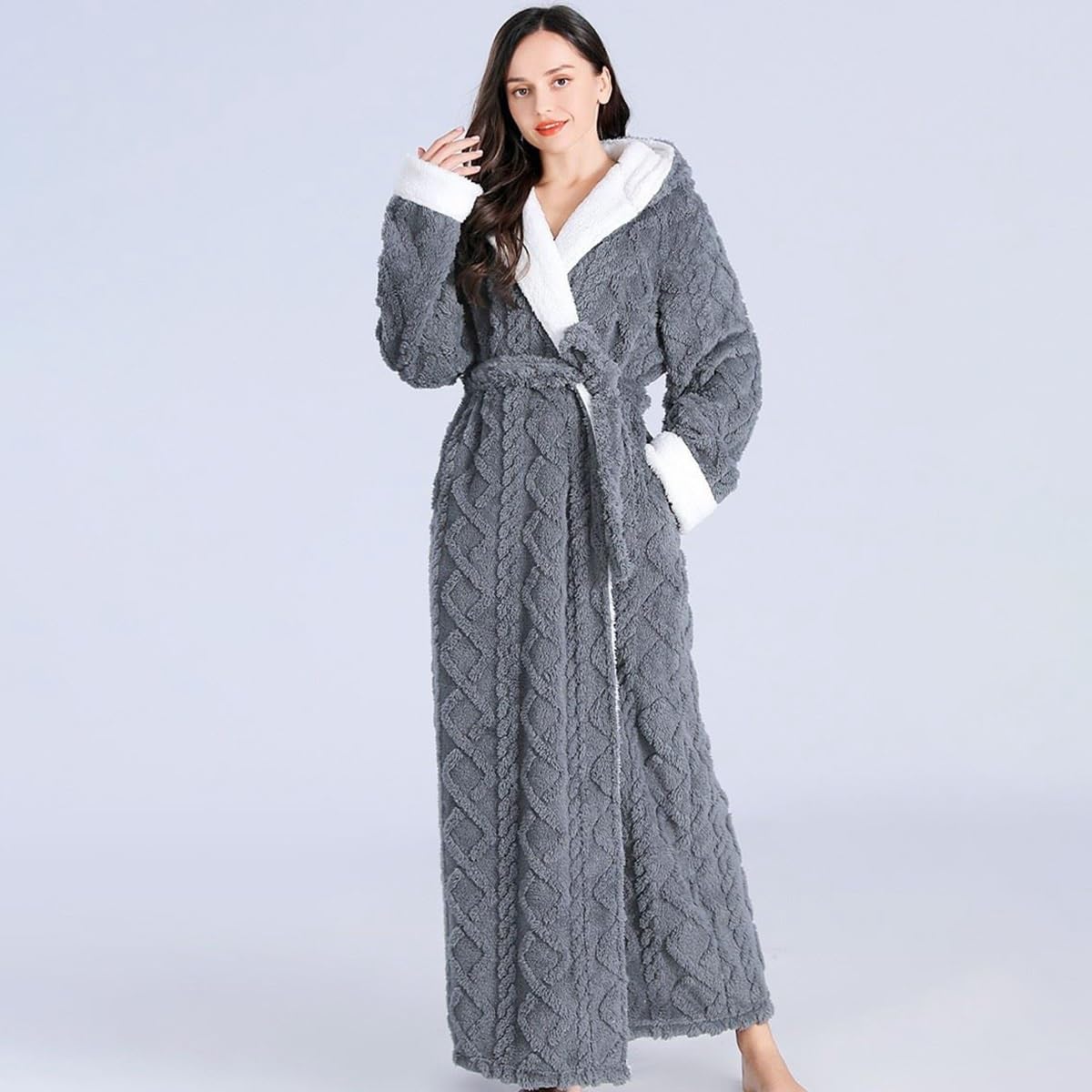 Damski Pluszowy Polarowy Szlafrok Z Kapturem Miękki Długi Szlafrok Spa Męskie Wygodne Szlafroki Ciepły Płaszcz Domowy Bielizna Nocna Koszula Nocna(/Gray,XL women)
