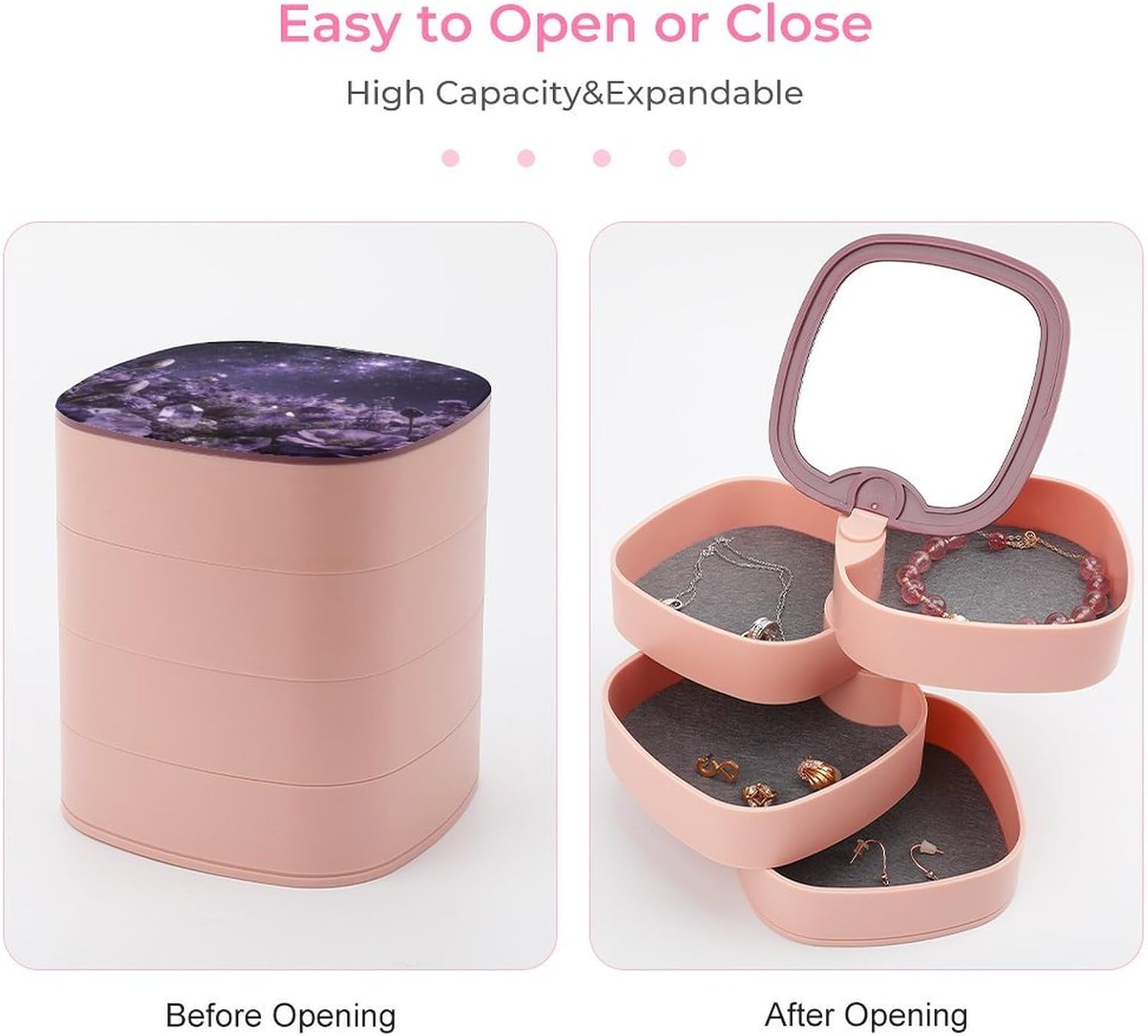 Rich Purple Jewelry Box 360° Rotatable Jewelry Organizer 4 Layers Jewelry Case with Lid Fashion Portable Earring Holder for Bracelets Rings Bracelets Vanity image 3