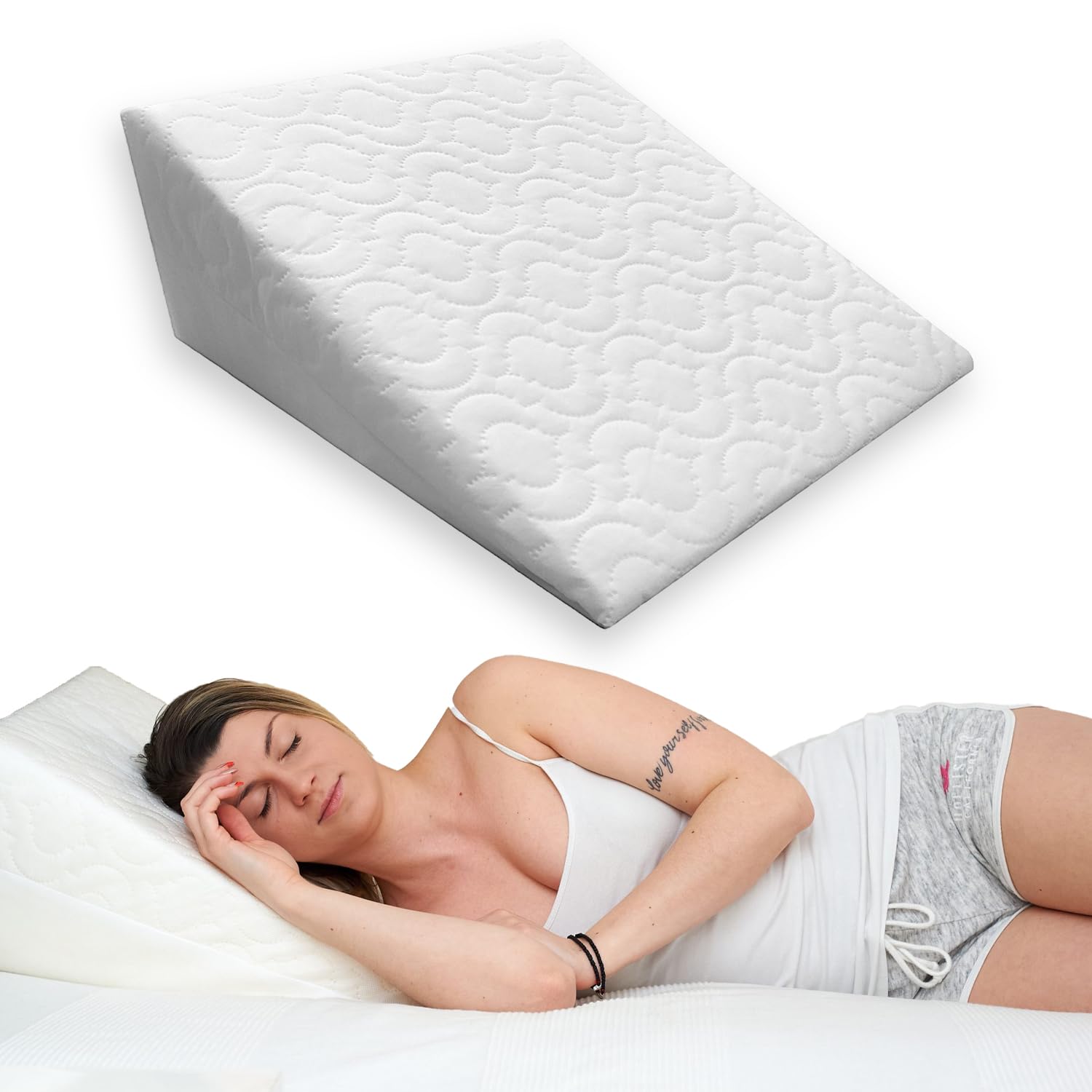 Feature Home White Bed Wedge Pillow – Orthopedic Support Cushion For Acid Reflux, Back & Neck Pain, Snoring, Heartburn, Post Surgery – Elevated Foam Wedge For Sleeping – Removable Washable Cover