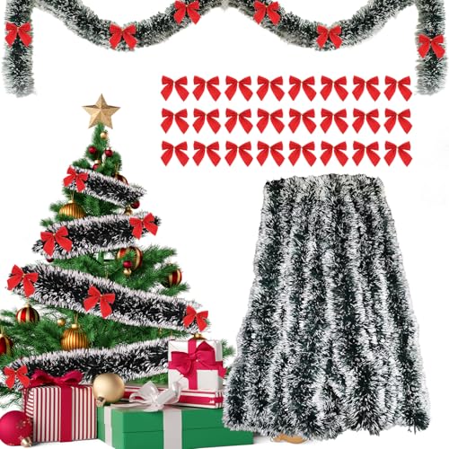 Guirnalda Navidad 10m + 24pcs Lazos Arbol Navidad Rojos, Grinalda Natal, Christmas Garland, Espumillón Verde Grueso, Decoración Navideña Guirnalda para Interior y Exterior, para Puertas Escaleras