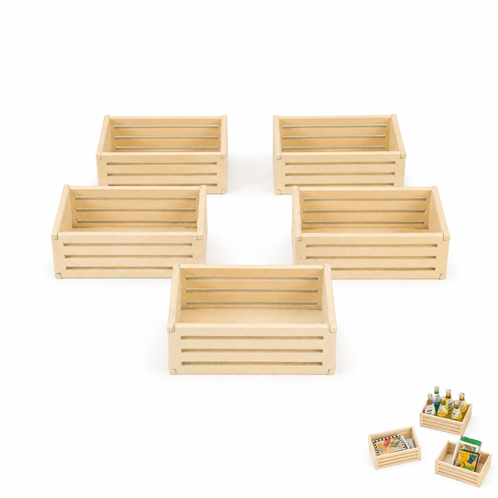 ApexPine 5Pcs 1:12 Mini Wooden Crates, Unfinished Natural Pine Wood Miniature Storage Baskets for DIY Crafts, Mini Scene Decor & Micro Landscape Accessories