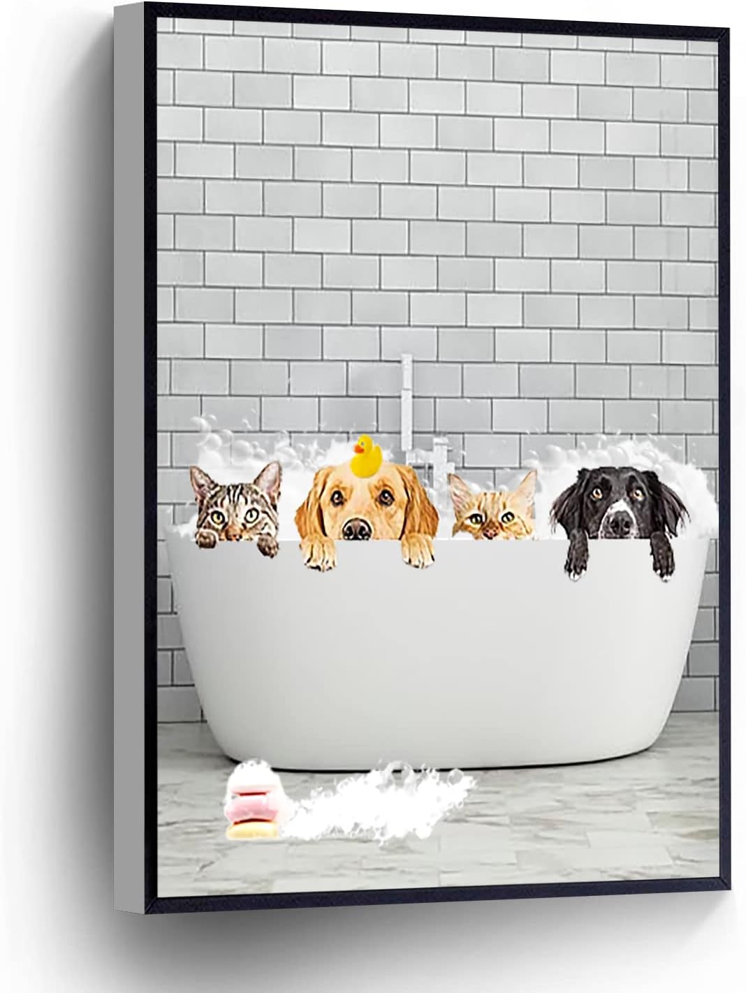 PUCHYUCT Dog And Cat With Rubber Ducky In A Vintage Bathtub Canvas Wall Art Animal