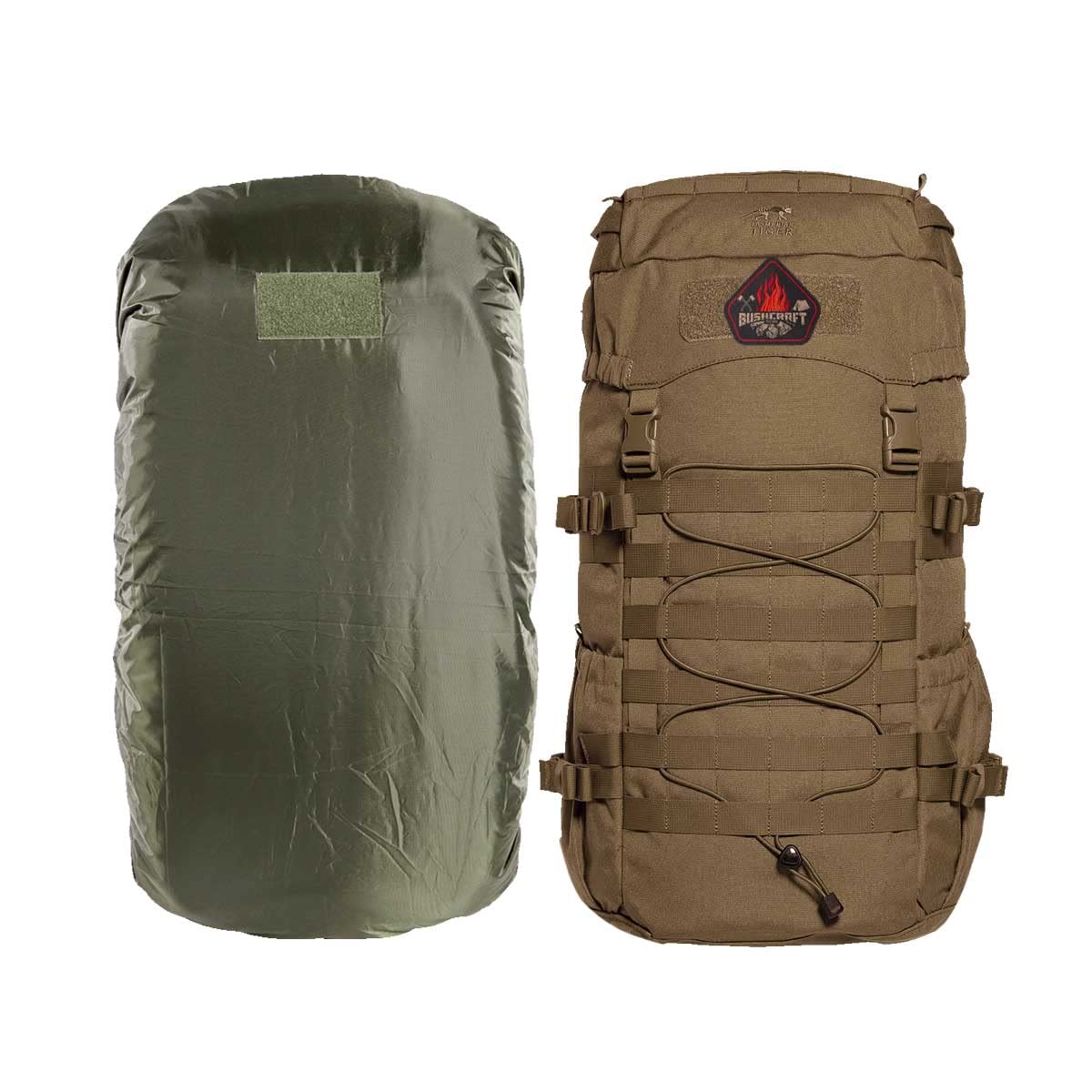 TACWRK x Tasmanian Tiger TT MIL OPS Pack 30 Coyote Brown Fun Patch + TT Raincover S – Bundle Molle – Mochila de senderismo para hombre con 30 litros para exteriores, uso, bushcraft, trekking