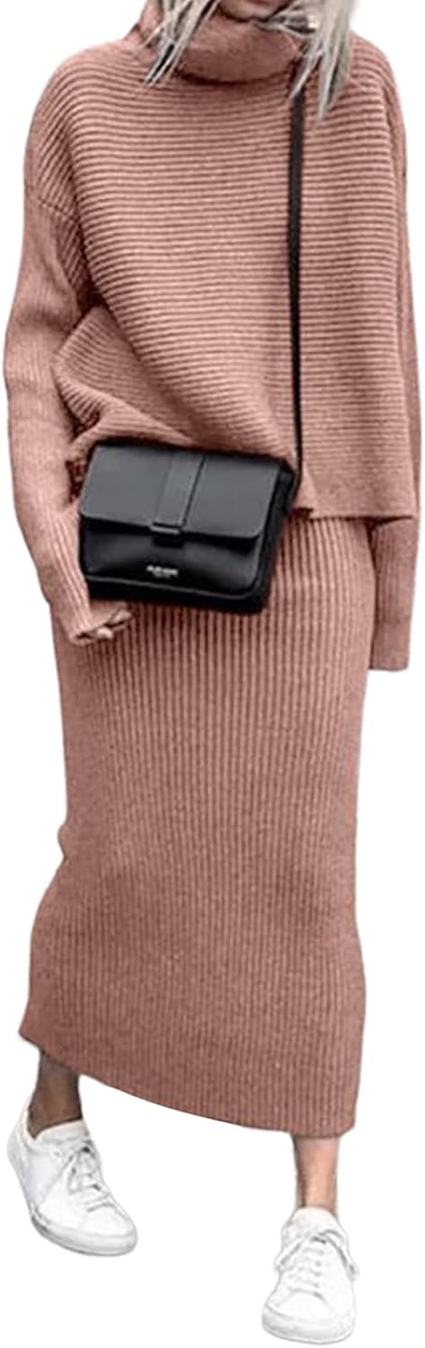 utcoco Women's Pullover Sweaters 2 Piece Outfits Long Sleeve Knit Pullover and Long Skirt Sweater Sets