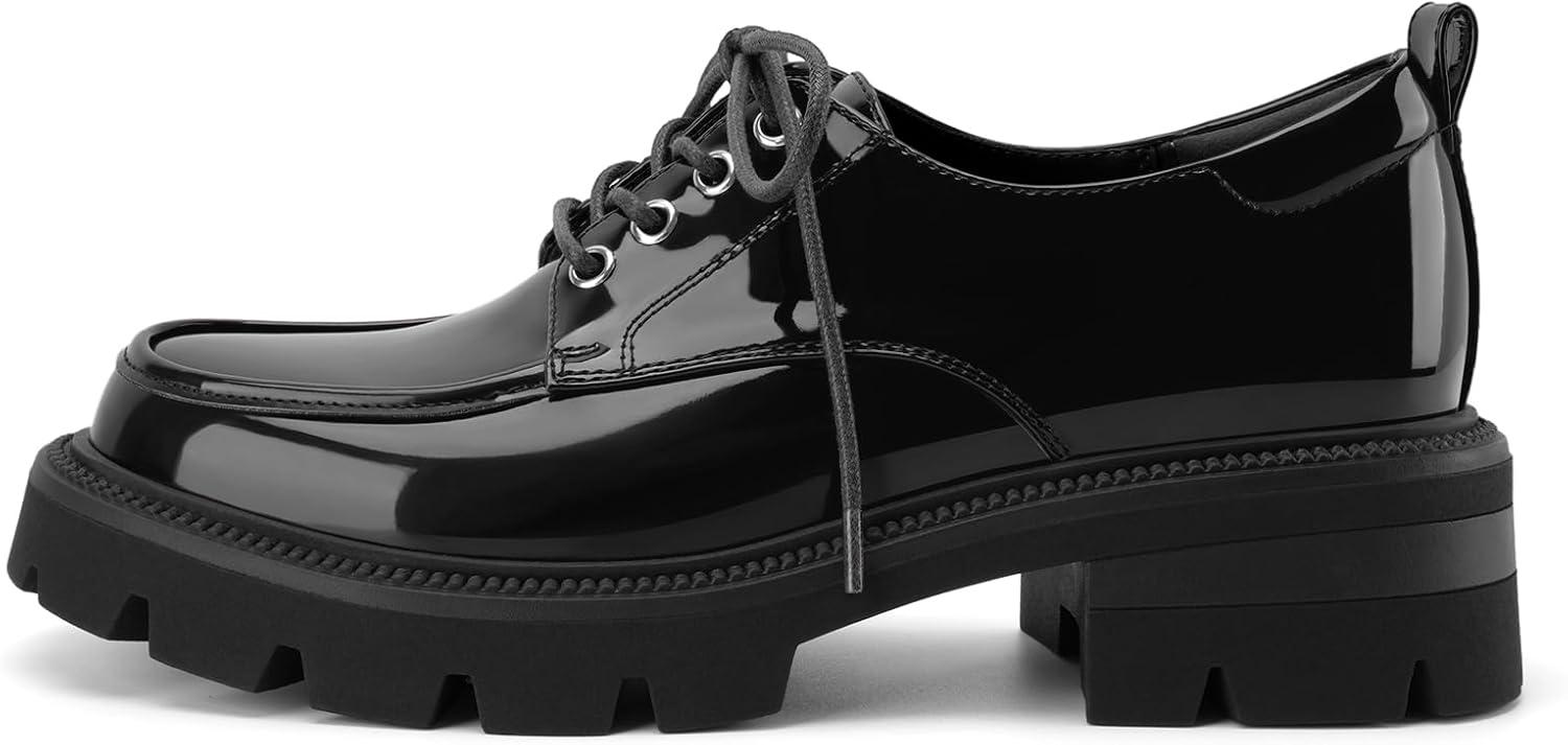 Women's Platform Low Chunky Block Heeled Oxfords Closed Round Toe Lace Up Non-Slip Patent Leather Oxford Heels Lug Sole Casual Dress Comfortable Work Pumps Shoes