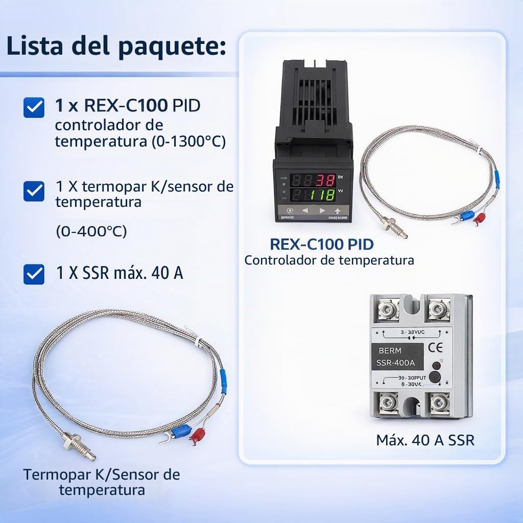 Controlador de temperatura digital, Alarma LED y Control PID Preciso 0-1300℃, Termostato Industrial con Termopar K 1M SSR 40A, for Hornos Industriales, Calderas, Sistemas Calefacción