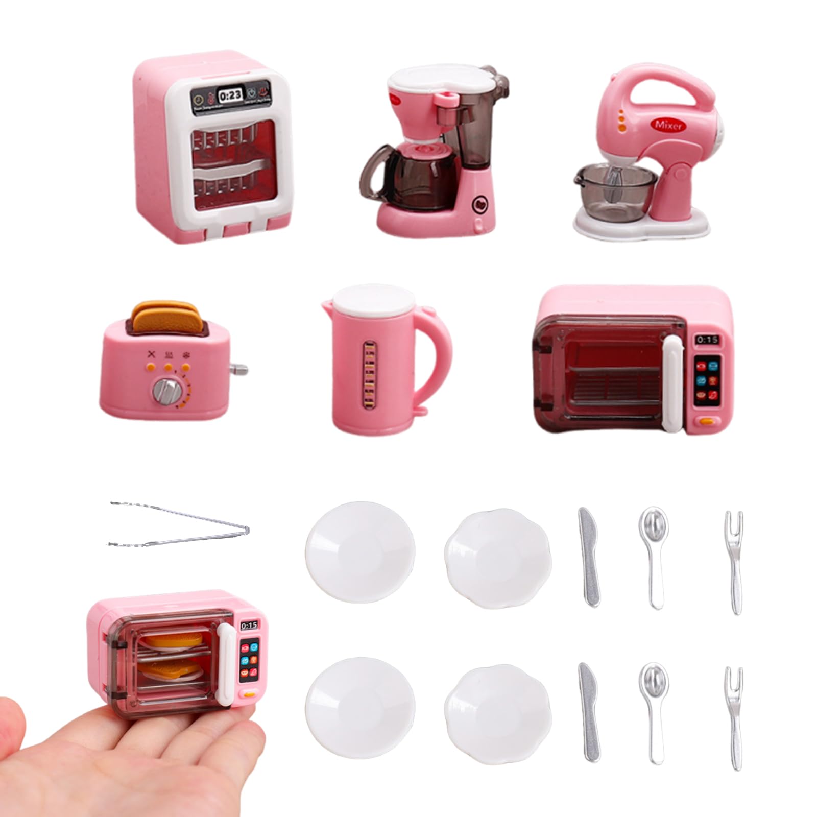 17 PCS Mini Kitchen Toy Set, Mini Dishwasher, Coffee Machine, Microwave, Toaster with Utensils, Pretend Play Kitchen Accessories for Imaginative Fun (Pink)