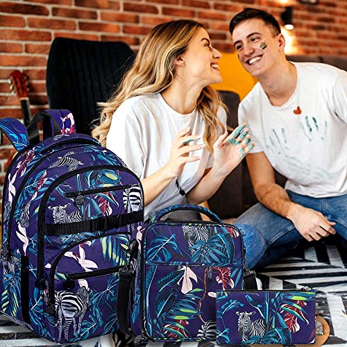 Laptop Backpack, 16 Inch School Bag College Bookbag, Anti Theft Daypack Bags And Lunch Bag Set, Water Resistant Zebra Tropical Flower Leaf Backpacks For Teens Girls Boys Students #TOP1