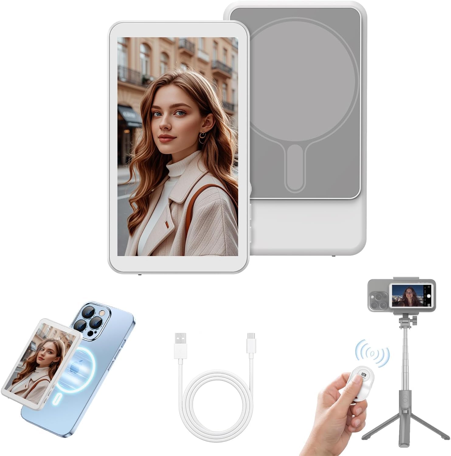Selfie Monitor Screen for iPhone & Android - Magnetic Vlog Selfie Mirror for Phone Back Camera - Remote Control Screen Mirroring Rear Camera