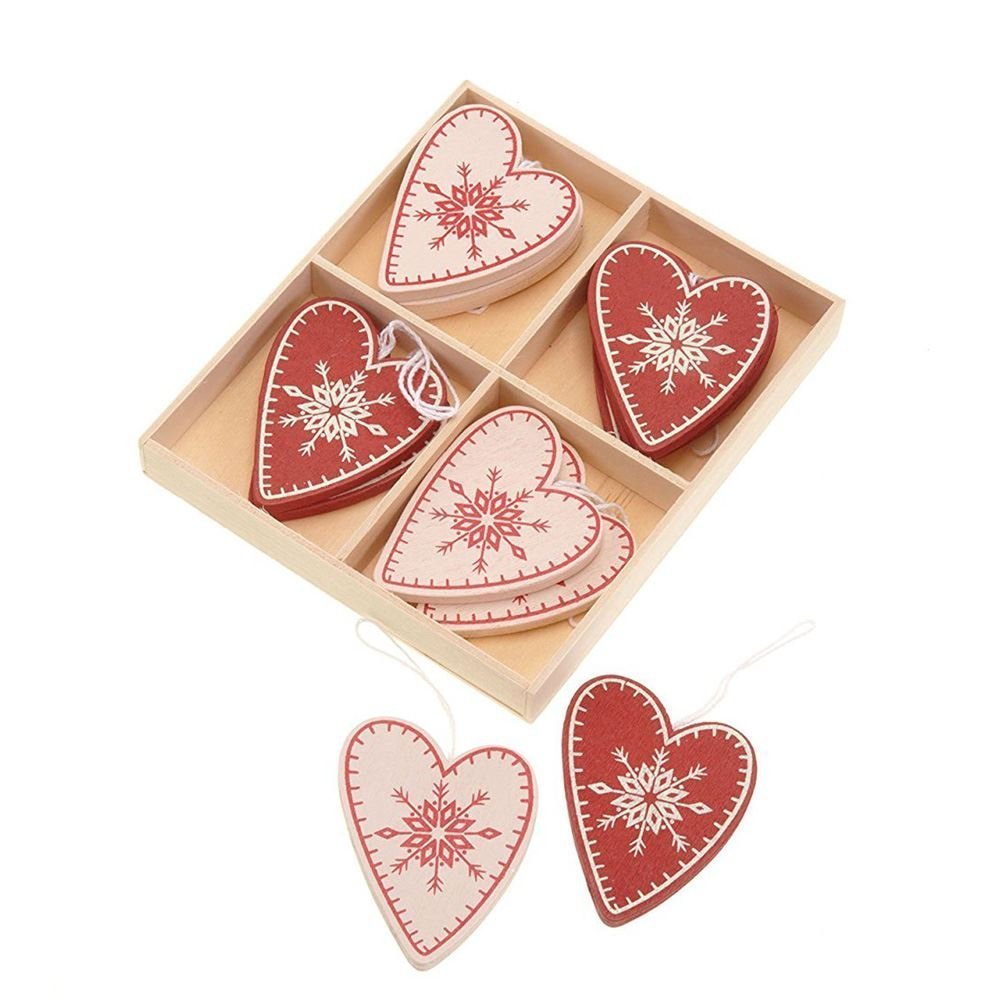 Heaven Sends Red White Nordic Wooden Heart Christmas Tree Decorations X 12