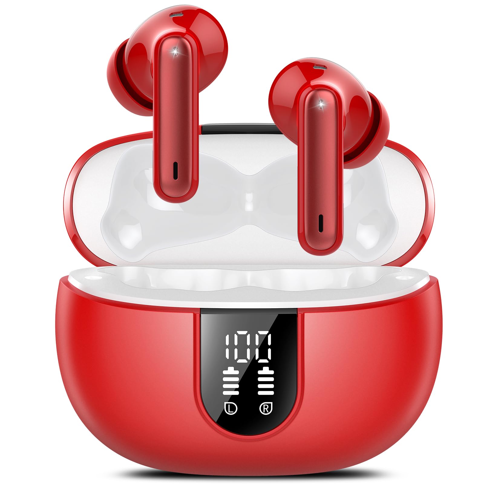 red earbuds with real time translation and 6 modes for calls and videos
