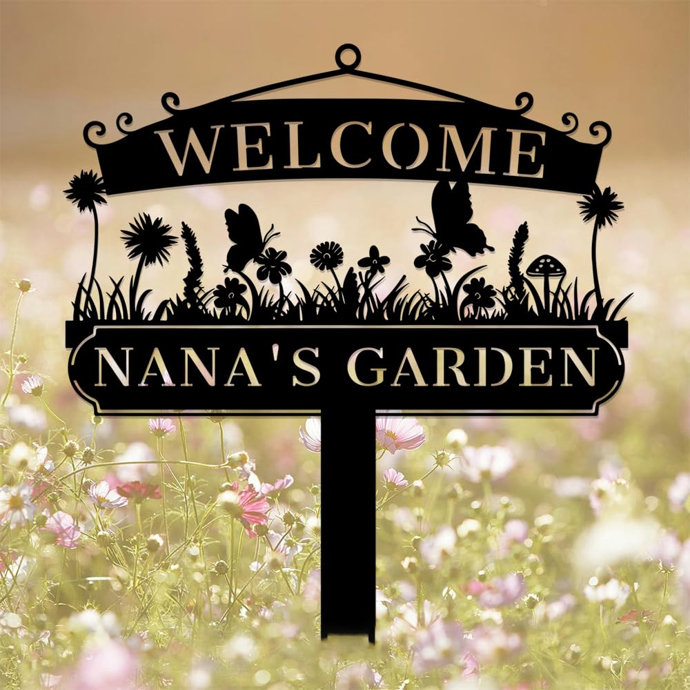 Custom Garden Flower Metal Sign with Stake,Personalized Gardeners Name Signs for Outside Yard,Customized Gardening Gifts Decor Grandma Mother,Butterfly Bird Plaque Decoration for Lawn Patio Gardener — image 1