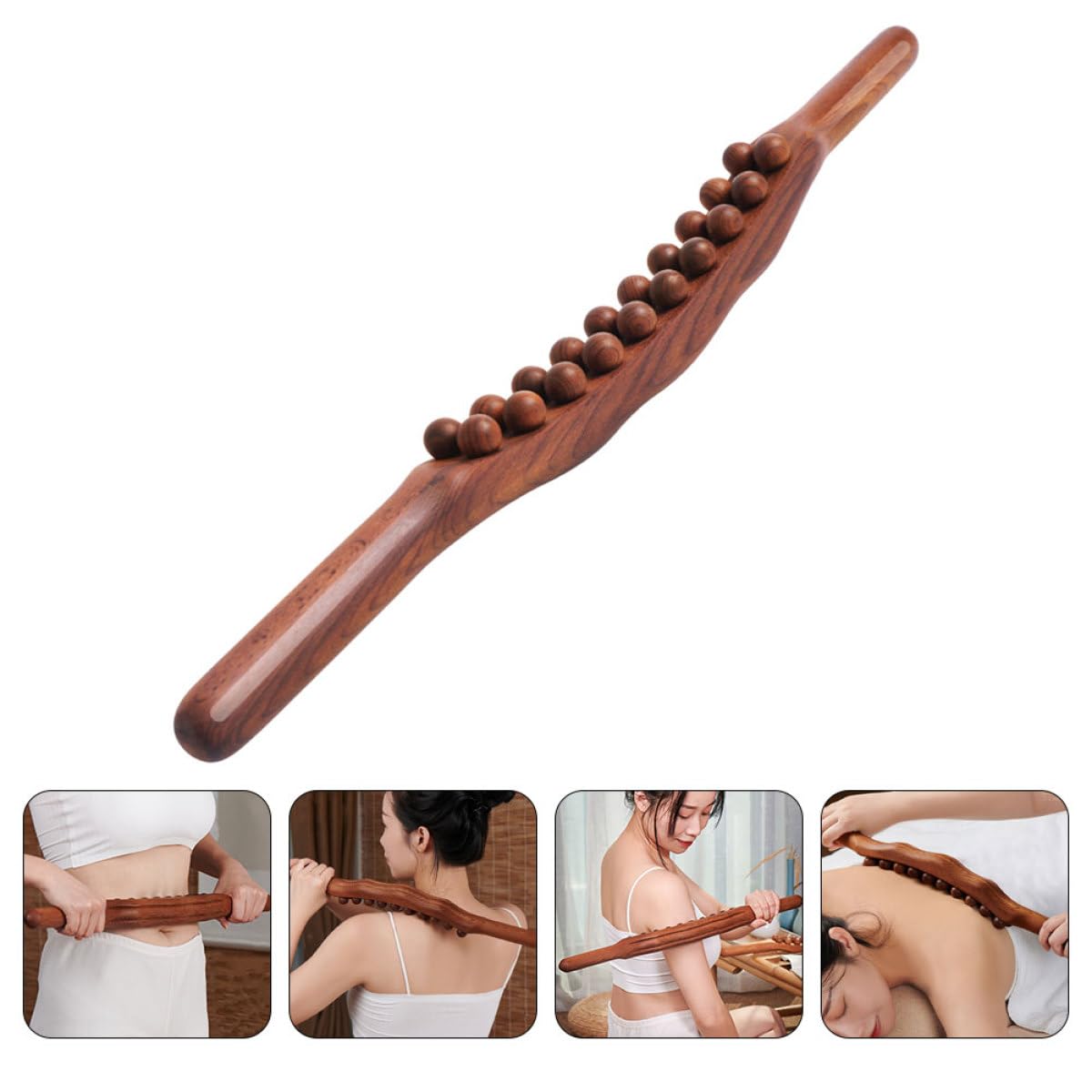 Bastone Massaggio in Legno Solido Portatile 20 Perle Doppie per Rilassare i Muscoli, Strumento Massaggiatore per Casa e Viaggio, per Massaggio Piedi e Corpo