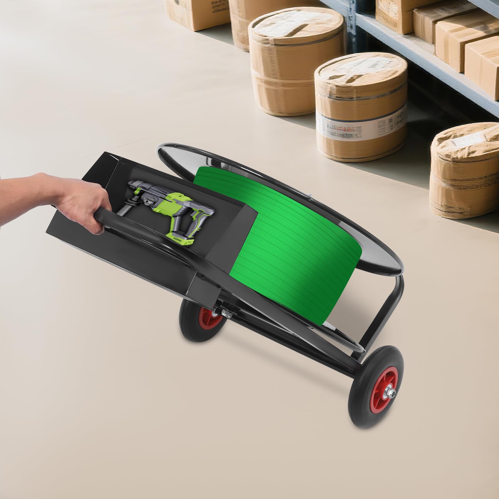 Chariot roulant pour bande de cerclage - Distributeur mobile avec bac de rangement robuste