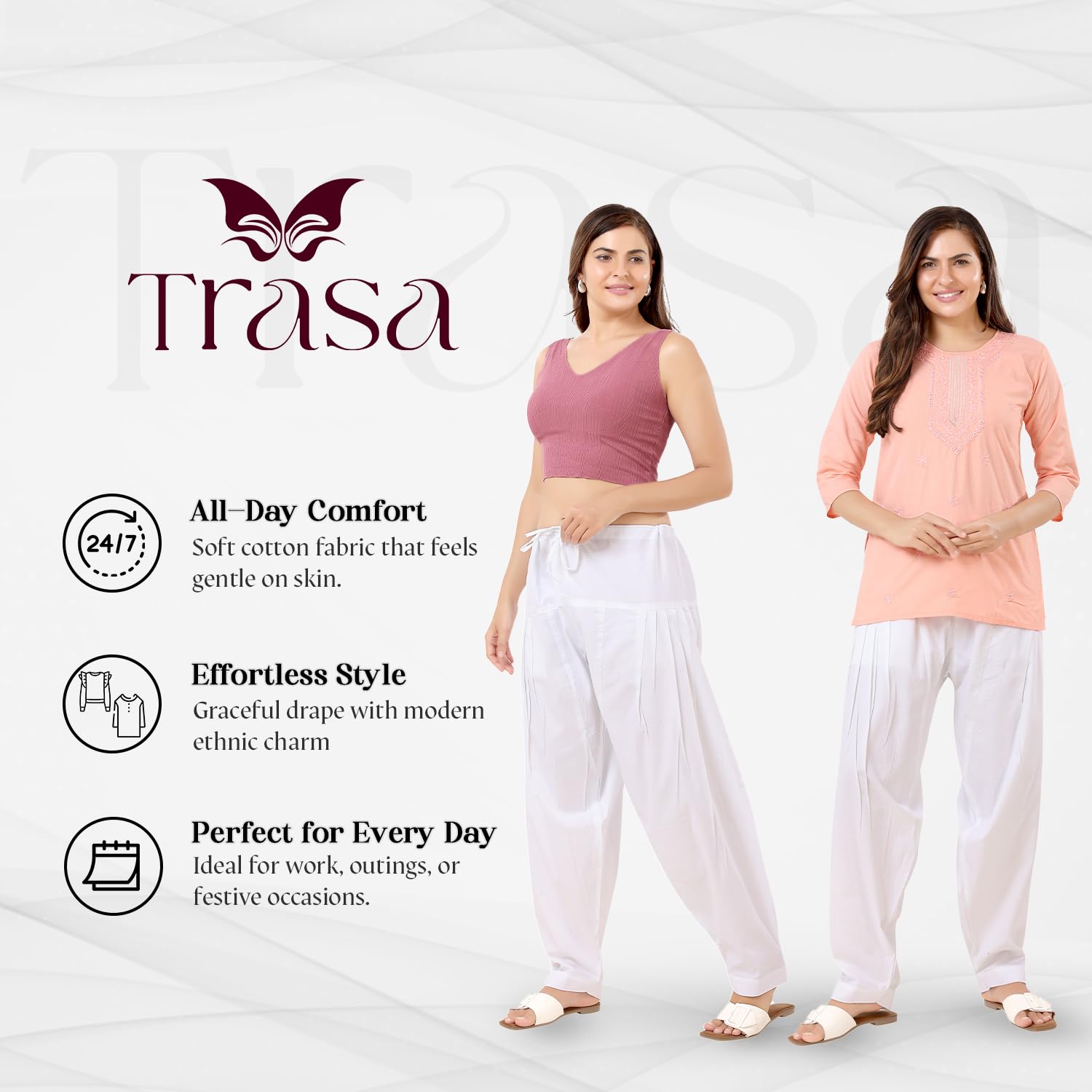 TRASA Semi Patiala Salwar Cotton One Side Pocket Traditional Indian Bottomwear Pant - Free Size Fit up to XXL - White - Image 2 thumbnail