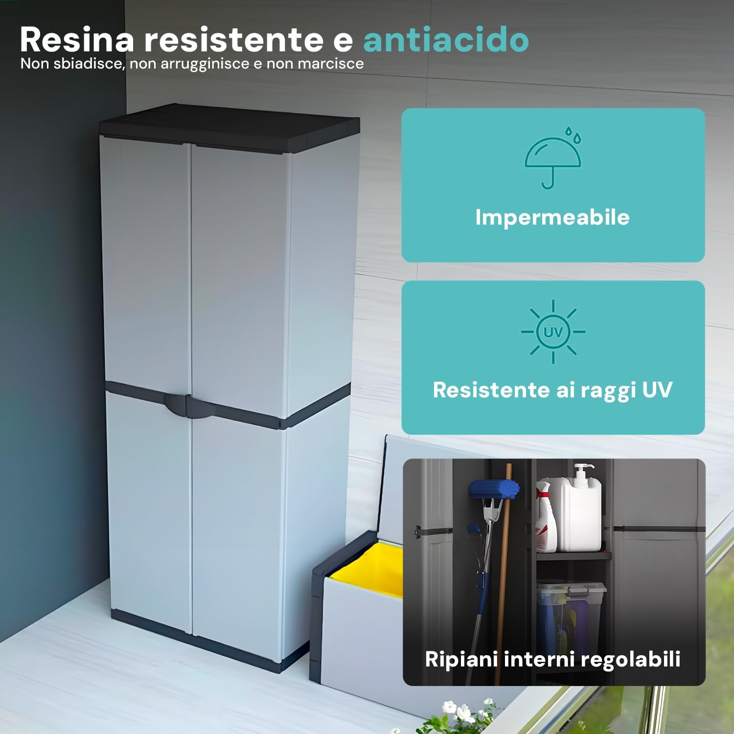 Avilia Armadio da Esterno Impermeabile - Armadio 2 Ante in PVC con 3 Ripiani Regolabili – Armadio Portascope Resistente alle Intemperie e ai Raggi UV - 68x39.5x168cm, Made in Italy