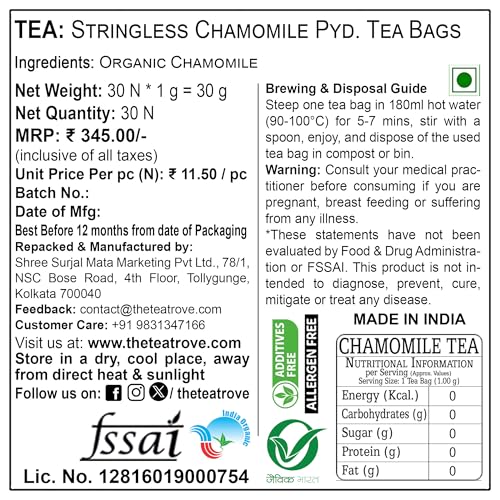 Image of the tea trove Chamomile Tea Bags Organic -30 Pyramid Chamomile Flower Tea Bags In Resealable Pouch- Caffeine Free Camomile - Steep Hot Or Iced|Pack Of 1, 30 Gram