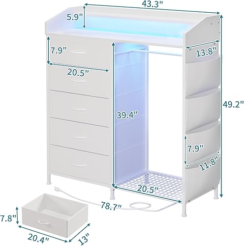 Miniatura 2 de LUMTOK Cómoda moderna de 5 con estante colgante LED, cómoda con perchero, perchero y cajones de almacenamiento, cajones con percheros para
