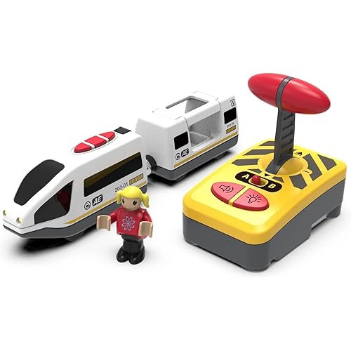 Wooden Train Set Accessories Battery Operated Locomotive Trains, Remote Control Train Vehicles for Wood Tracks, Powerful Engine Trains Cars Fits All Major Brands of Railway System