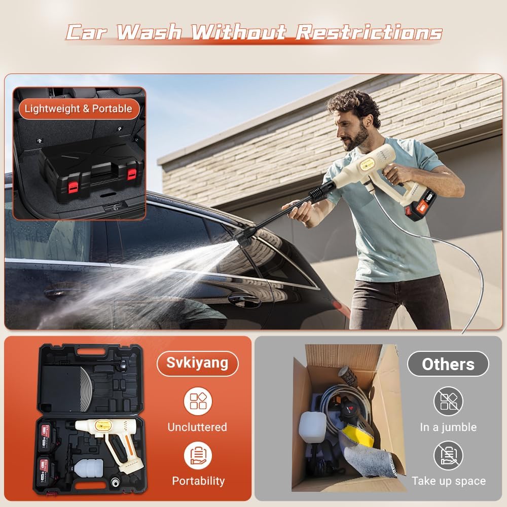 Nettoyeur Haute Pression sans Fil 21V, 2 * 4000mAh Nettoyeur Haute Pression sur Batterie Portable, Buse Multifonction 6 en 1, Tuyau 5M, Pistolet de Lavage Haute Pression pour Voitures et Balcons
