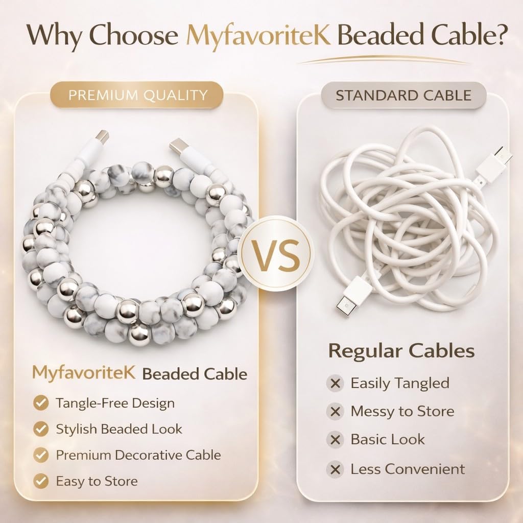 Elegantes USB-Ladekabel mit Perlen, niedliches USB-C-Ladekabel, bunt, 1 m langes Kabel für iPhone-Smartphones (USB-C auf USB-C, weißer Marmor)