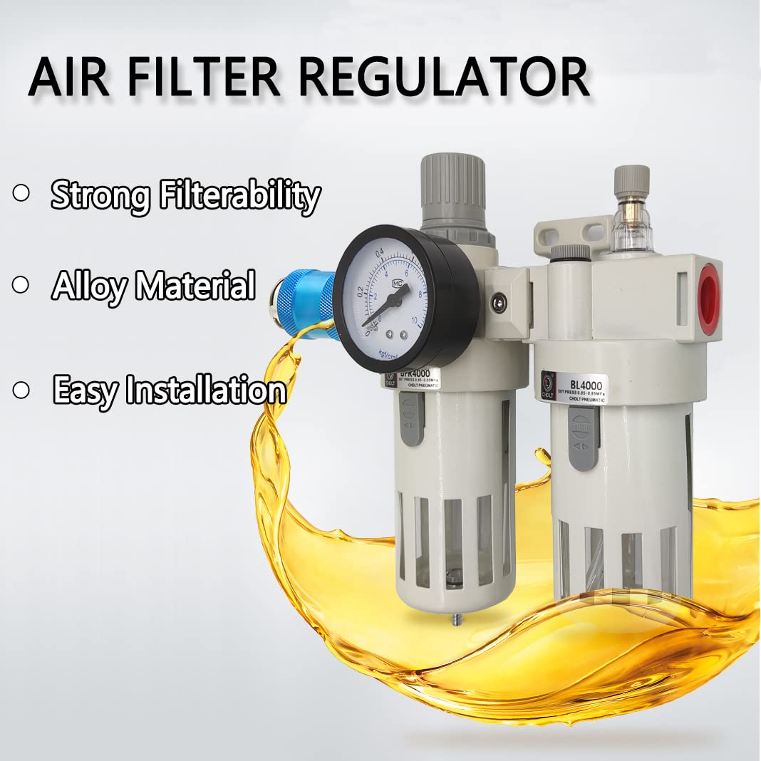 1/2" NPT Compressed Air Filter Regulator Lubricator Combo,Air Tool Compressor Filter with Gauge(0-150PSI),Air Dryer for Compressor,Water/Oil Trap Separator(Manual Drainage)