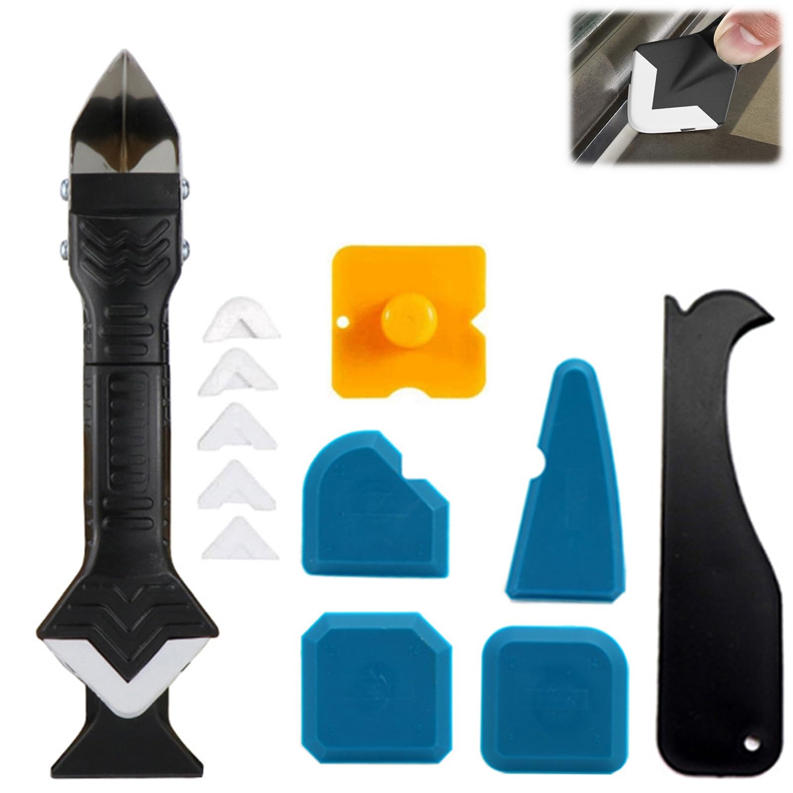 Kit rimozione silicone 5 in 1, coltello giunture acciaio inox, 6 pastiglie intercambiabili