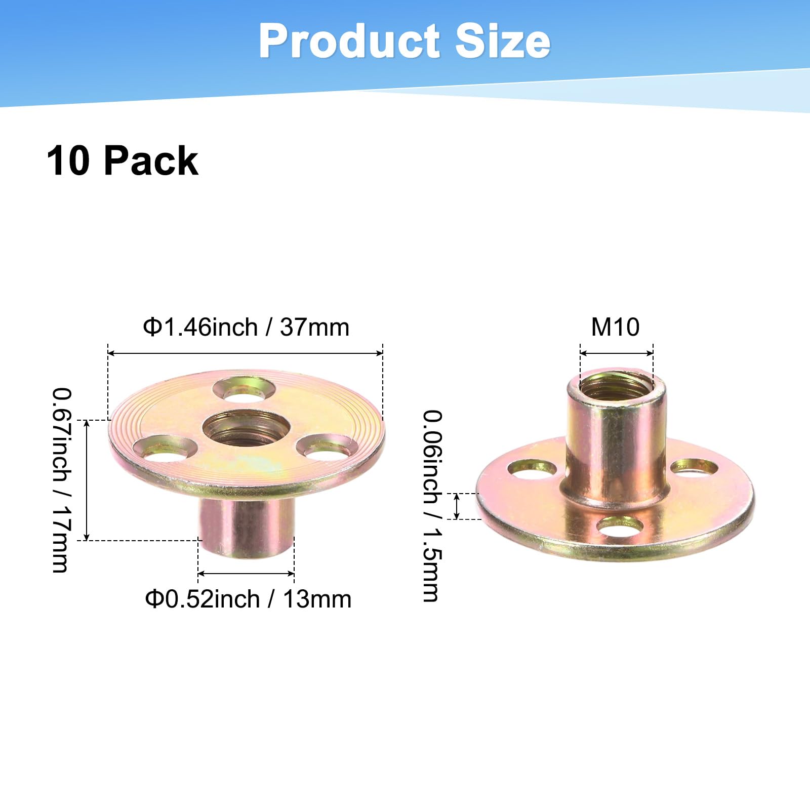 M METERXITY 10-Pack M10x17mm T-Nuts Zinc Plated Carbon Steel Tee Nut 3-Hole Round Base Weld Nuts Through Hole Furniture Hardware Flange Insert Female Thread Gold - Image 3