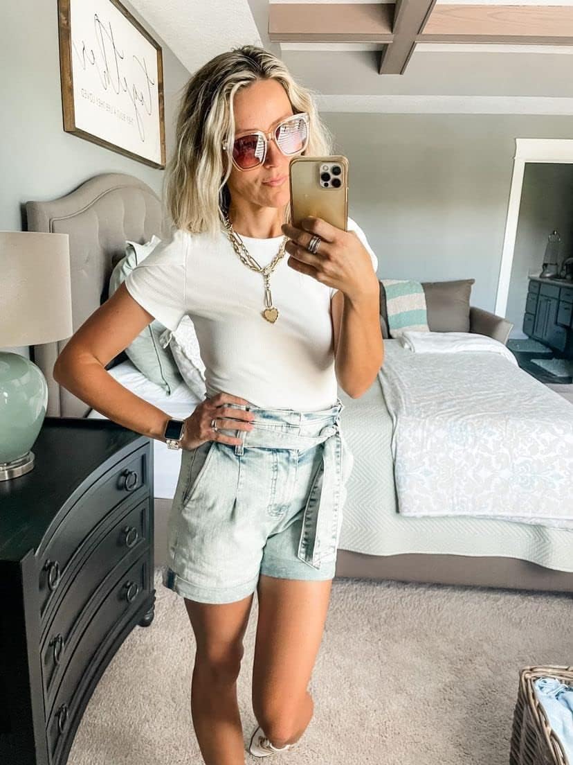 MISSJOY Womens Summer Short Sleeve Bodysuits Crew Neck Ribbed Petal Sleeve Stretchy Slim Fit Leotards Tops - Image 2