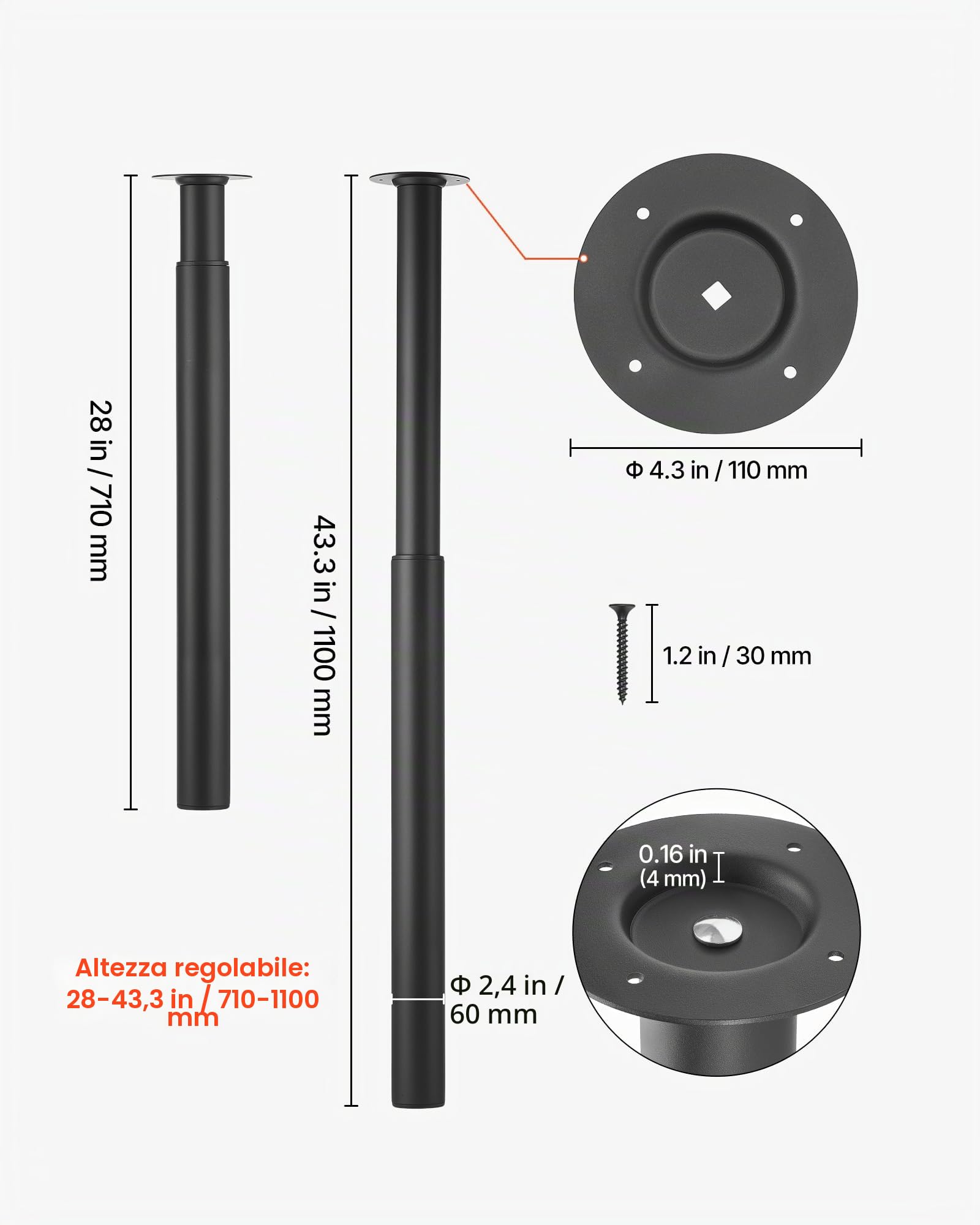 VEVOR Ganmbe per Tavolo Regolabili in Altezza 71-110 cm, Gambe per Scrivania Smontabili in Acciaio, Carico Max. 544 kg, Installazione Rapida, per Scrivania da Ufficio e Tavolo da Bar, Set da 4, Nero