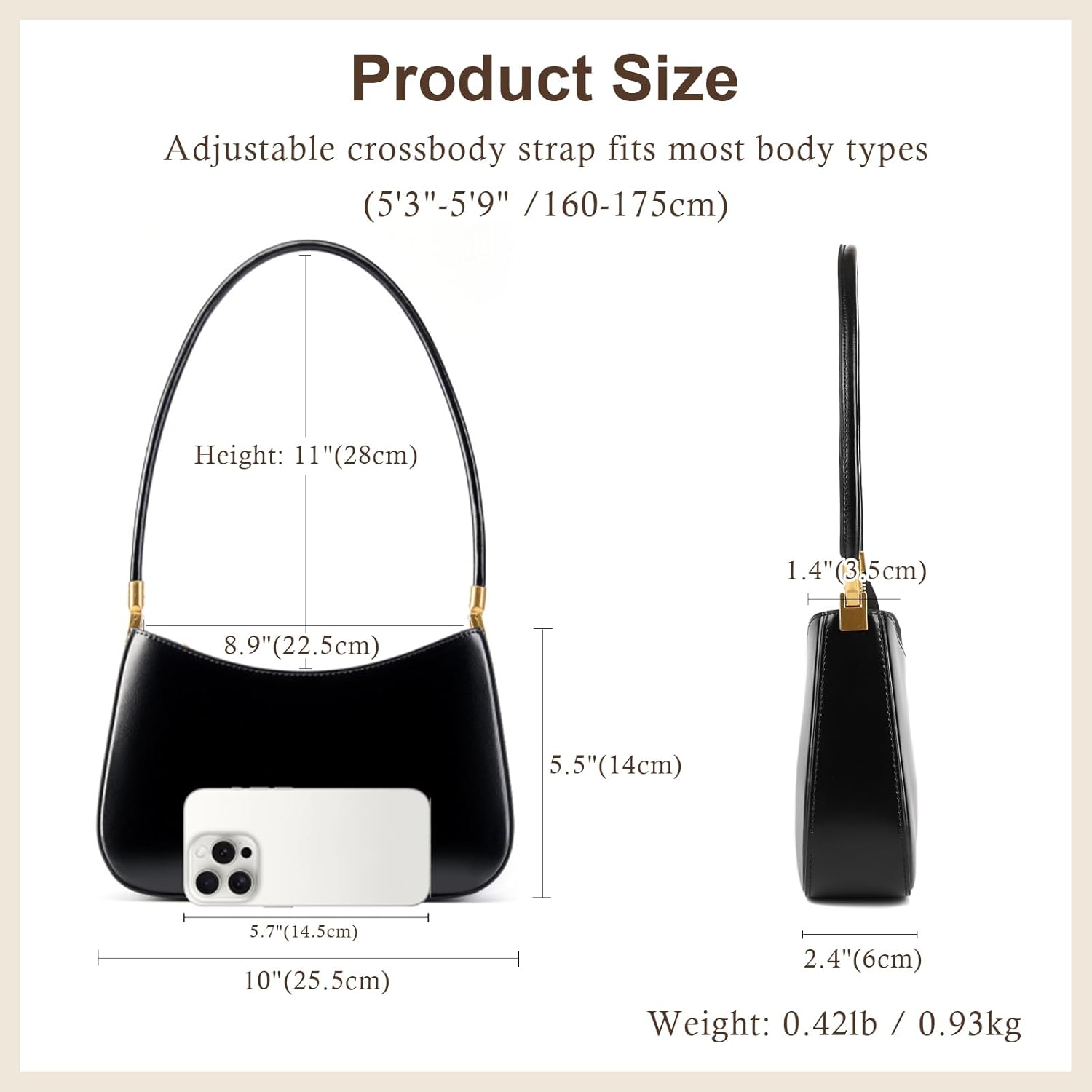 Genuine Leather Shoulder Bag for Women, Crescent Satchel with Zip Closure, Lightweight Handbag - Image 5