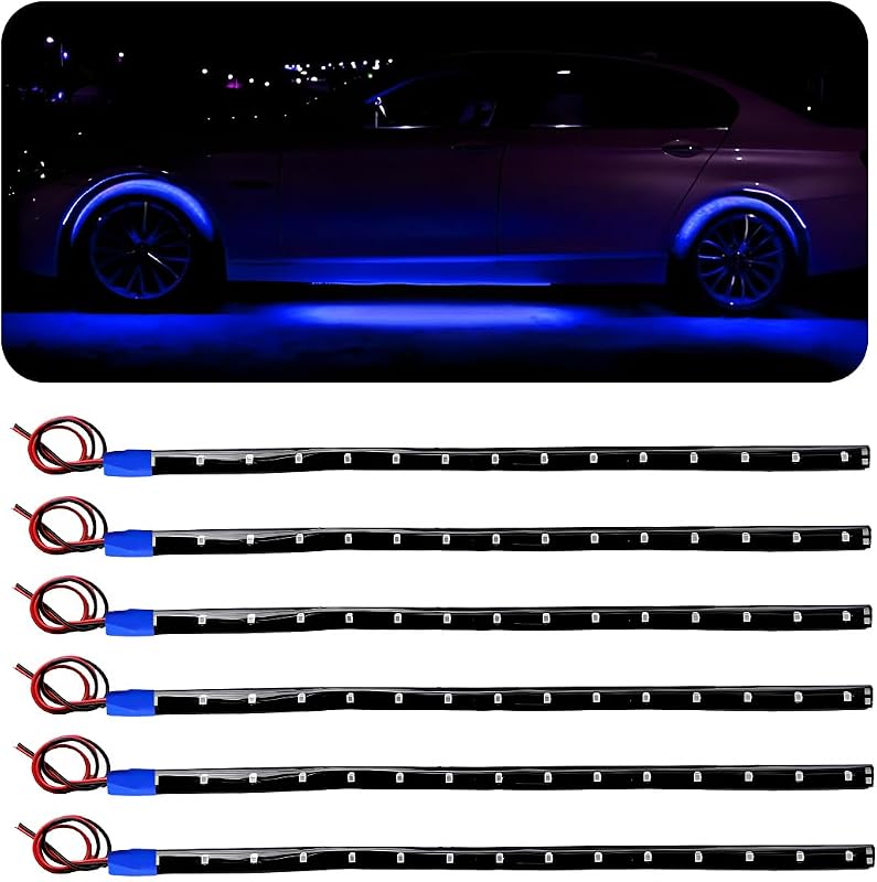 Wevdn 6 PCS 15 LED Strip Underbody Light, DC 12V 1Ft Flexible Underglow Car LED Light Strip with 6 Inch Wire, Waterproof LED Interior Exterior Decoration for Car Truck Motorcycle (Blue)