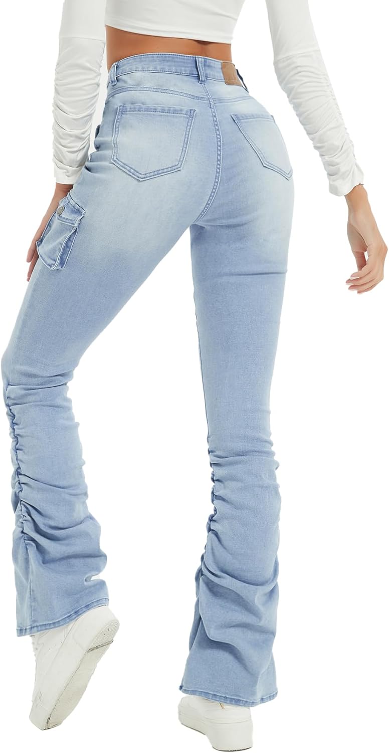 Women's Stacked Flare Jeans Mid Rise Denim Bootcut Stretchy Denim Cargo Pants Trousers with Pockets - Image 5
