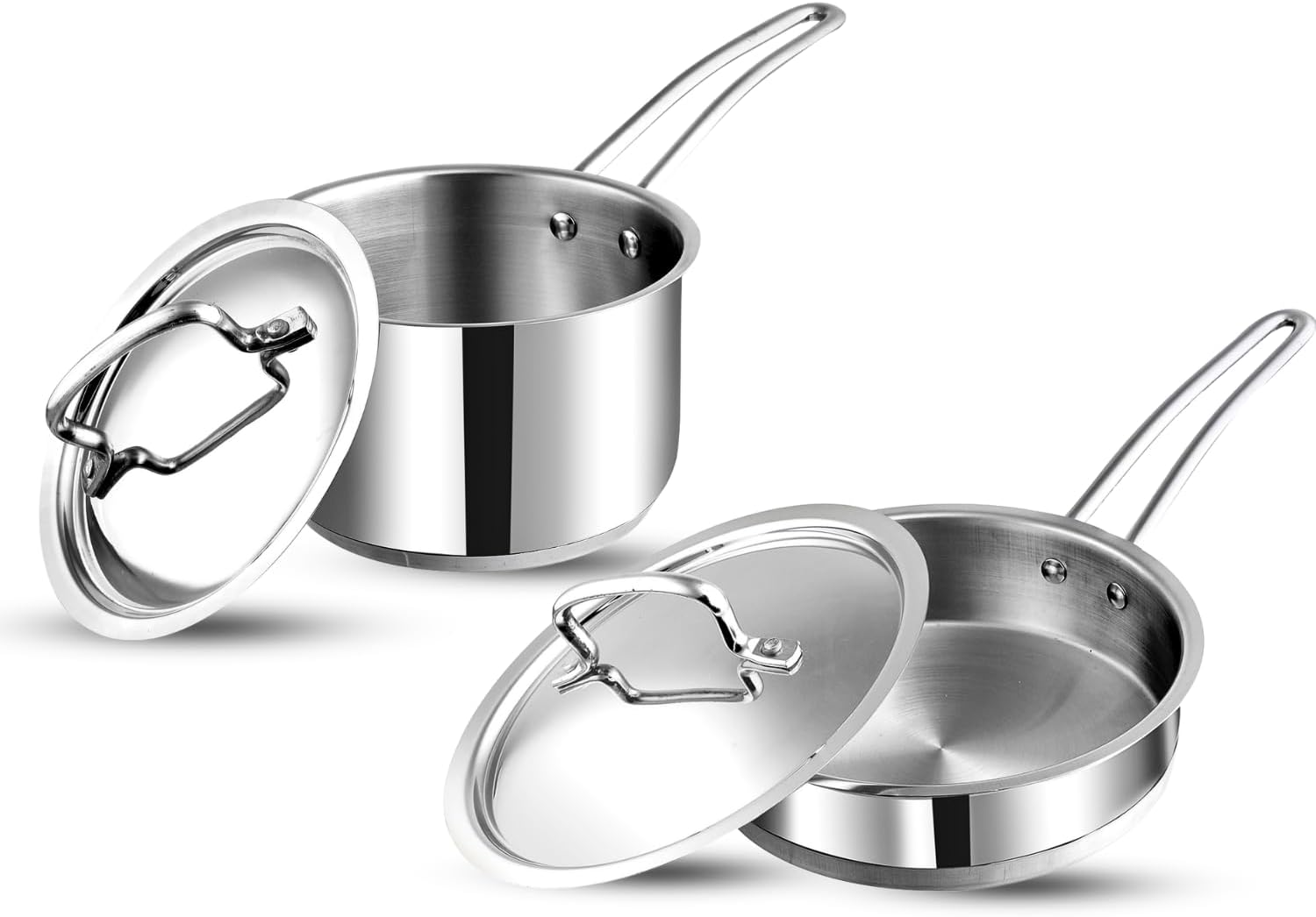 Classique Deluxe Stainless Steel Cookware Combo Set of 2 Pcs | Saucepan 2.1 Litre (16cm), Frypan (20cm) | Extra Deep, Riveted Handles | Induction Base | 2 Year Warranty