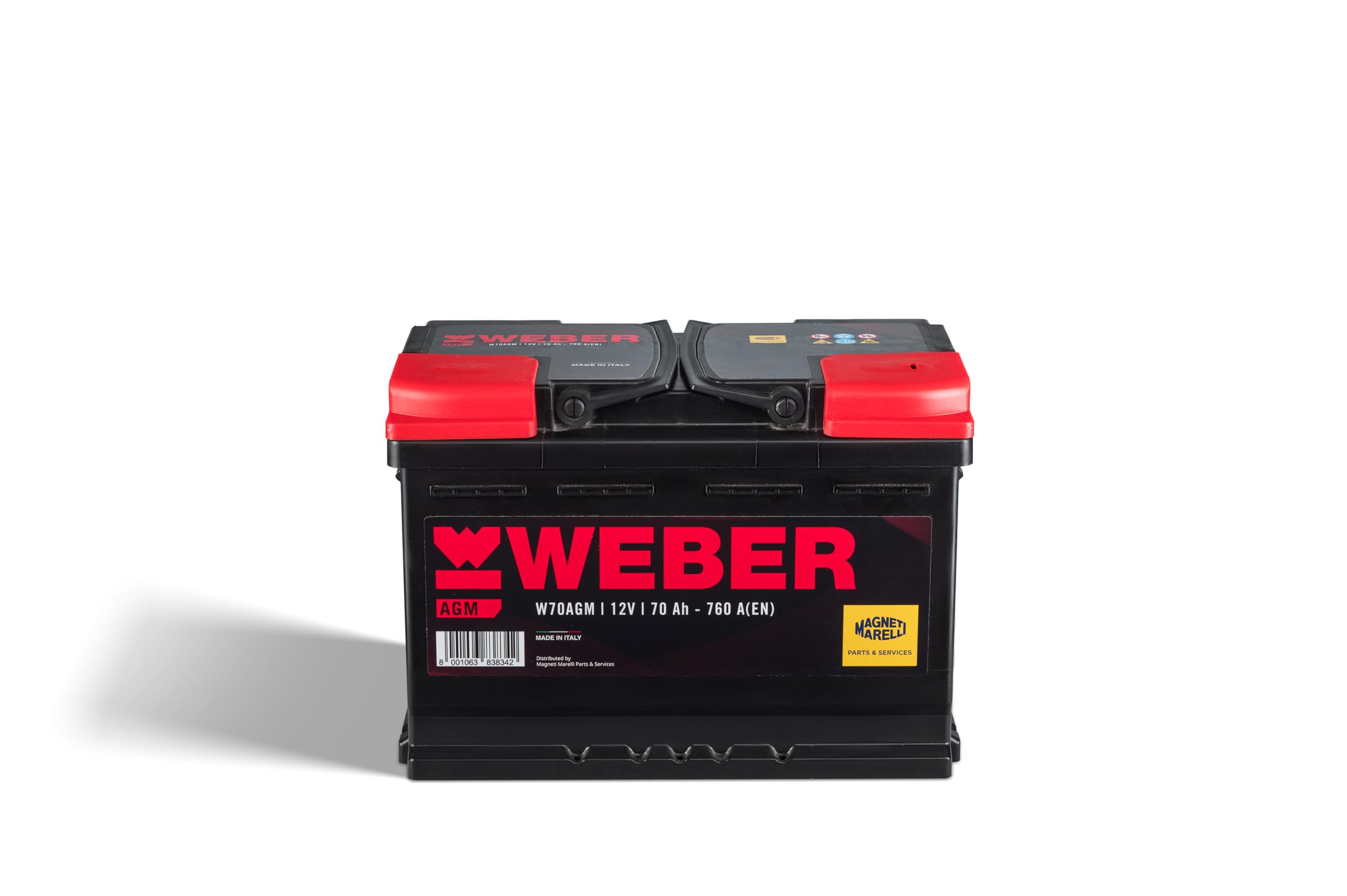 Magneti Marelli Parts & Services - Batteria Auto 70 Ah Weber Agm, Batteria Auto L03 067070760003 al Piombo Acido con Ciclo di Vita x4, Maniglie e Coperchio Ermetico - 12V 70Ah 760A B13, Ricambi Auto