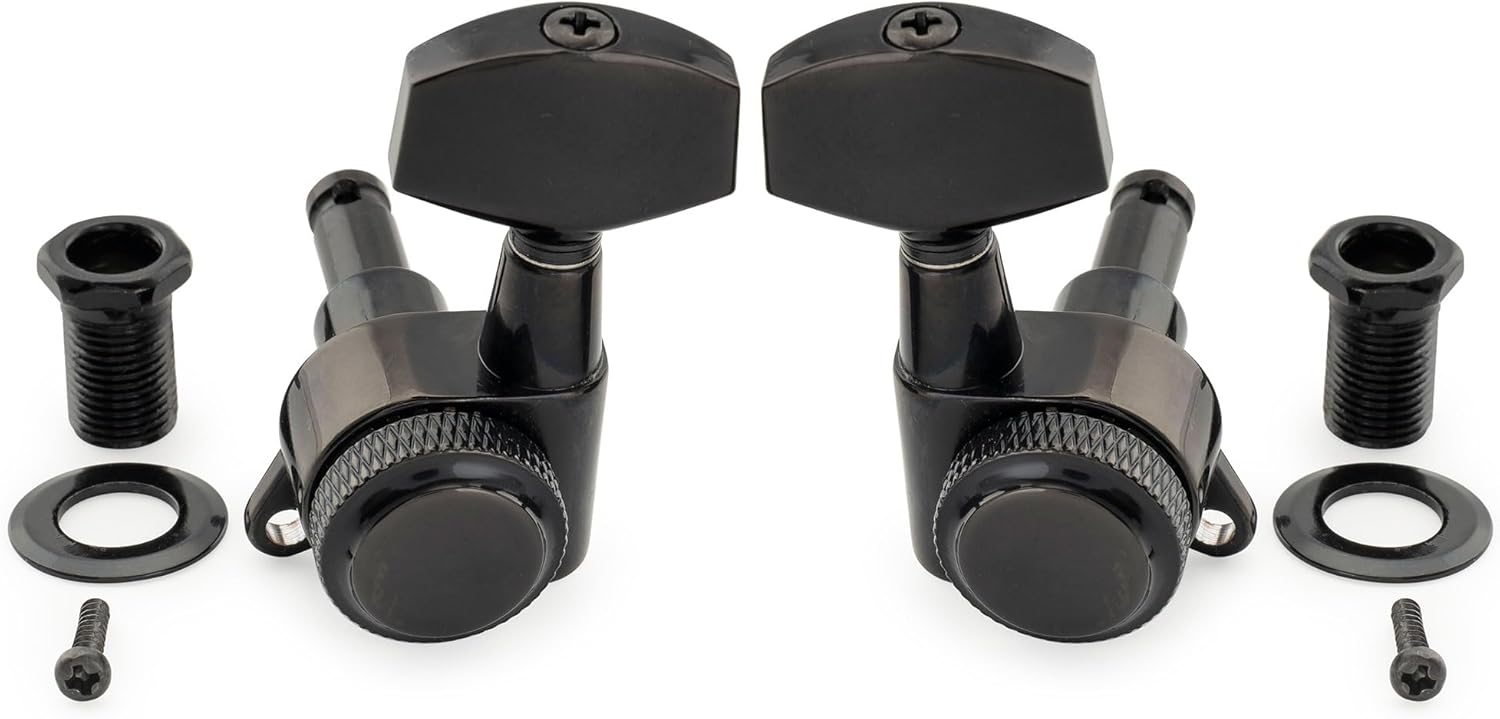 Musiclily Pro 3R3L 18:1 Ratio Full Sealed Locking Machine Heads Tuners Tuning Pegs Keys with Big Hex Button 45 Degree Screw for Acoustic Electric Guitar, Black