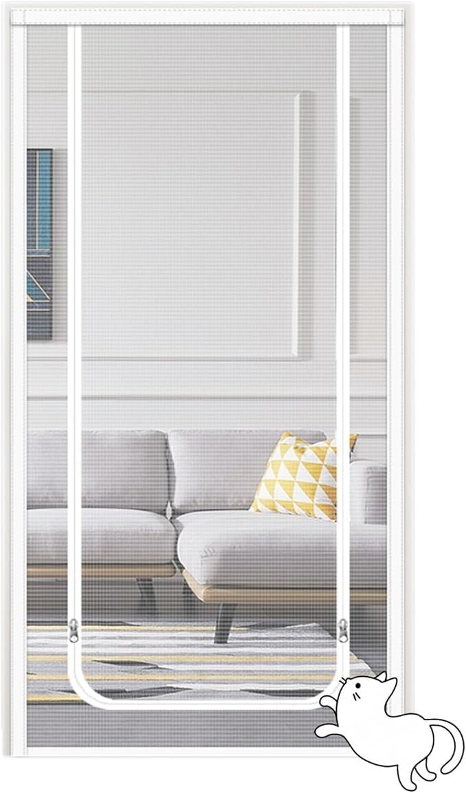 Figpmwld A Double-Sided Zip Cat Screen Door, Cat Screen Door With Zipper, White, Multiple Sizes, Pet Proof Mesh For Patio(,150X220cm)