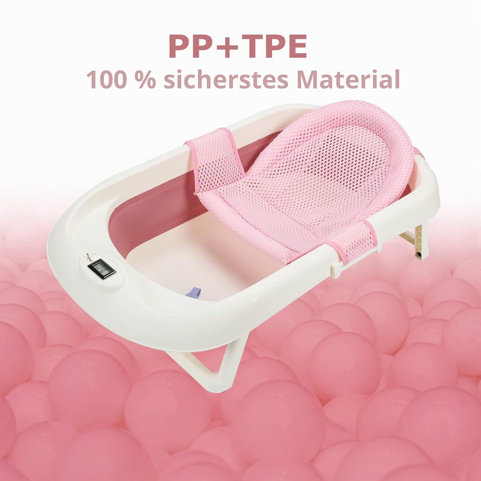 Faltbare Baby Badewanne Babywanne mit Thermometer, Badekissen, Haarwaschbecher, babybadewanne, Babybadewanne mit gestell ab 0-3 Jahre (Rosa)