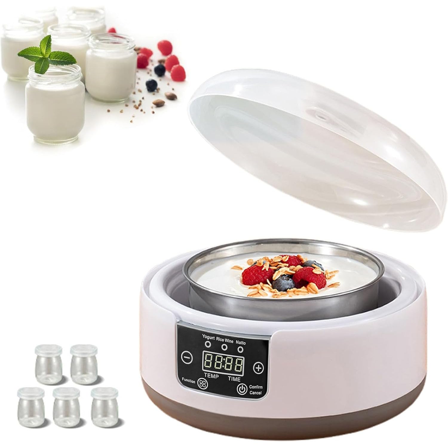 Yaourtière probiotique de 1200 ml, yaourtière probiotique 36 heures avec contrôle de la température, yaourtière avec 5 bocaux en verre pour yaourt grec, végétalien fait maison