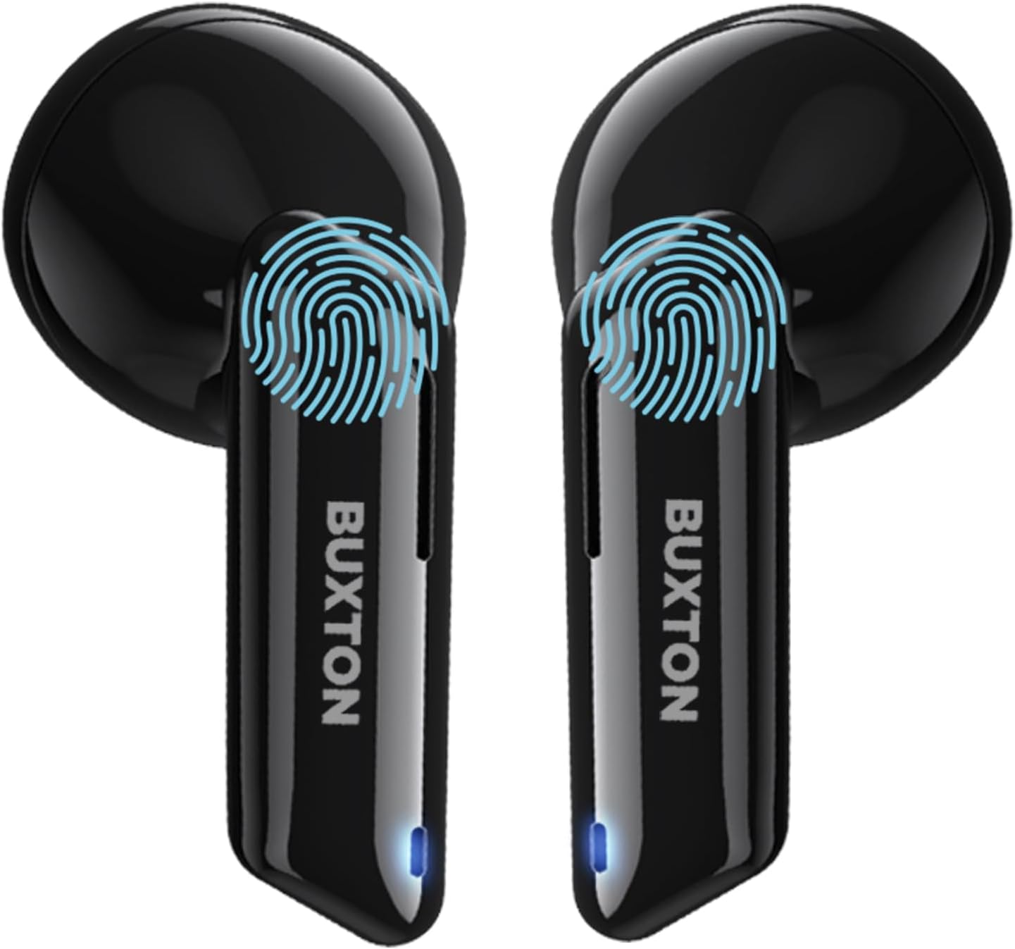 Buxton BTW 3300BL earbuds with blue fingerprint icons indicating touch control areas