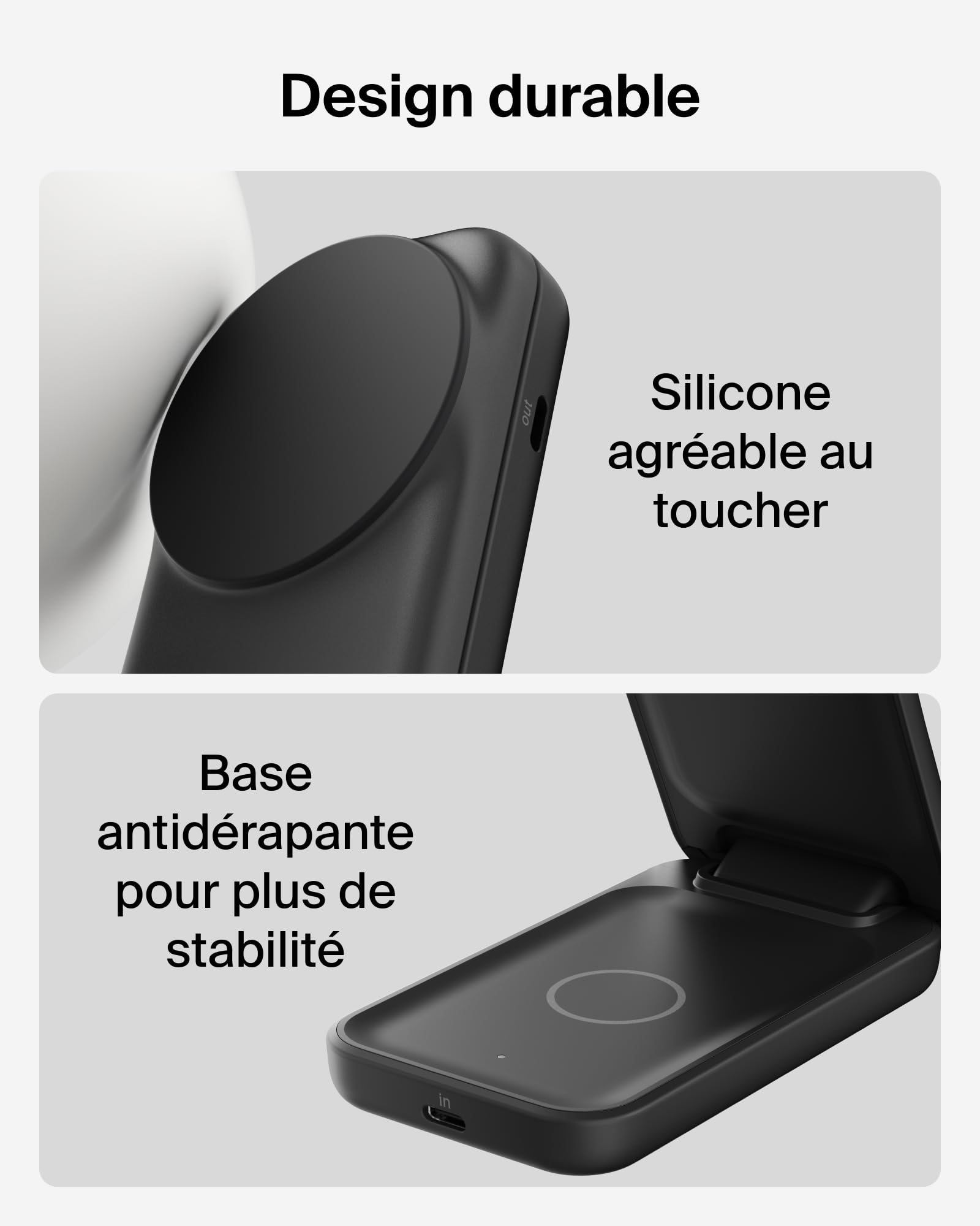 Belkin UltraCharge Chargeur Induction Qi2 25W, Station de Charge 2 en 1 pour iPhone 17, iPhone Air, AirPods, Pixelsnap, Compatible avec MagSafe avec Port-USB-C et Adaptateur 45W - Noir