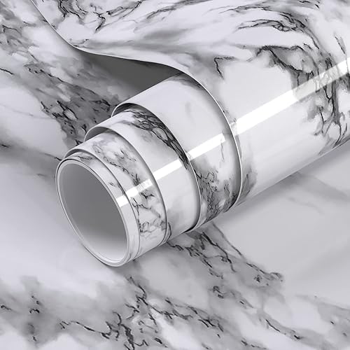 VOLEAAR Papel de contacto de mármol blanco y negro de 11.7 x 393.7 pulgadas, papel tapiz de mármol para despegar y pegar, impermeable, autoadhesivo,