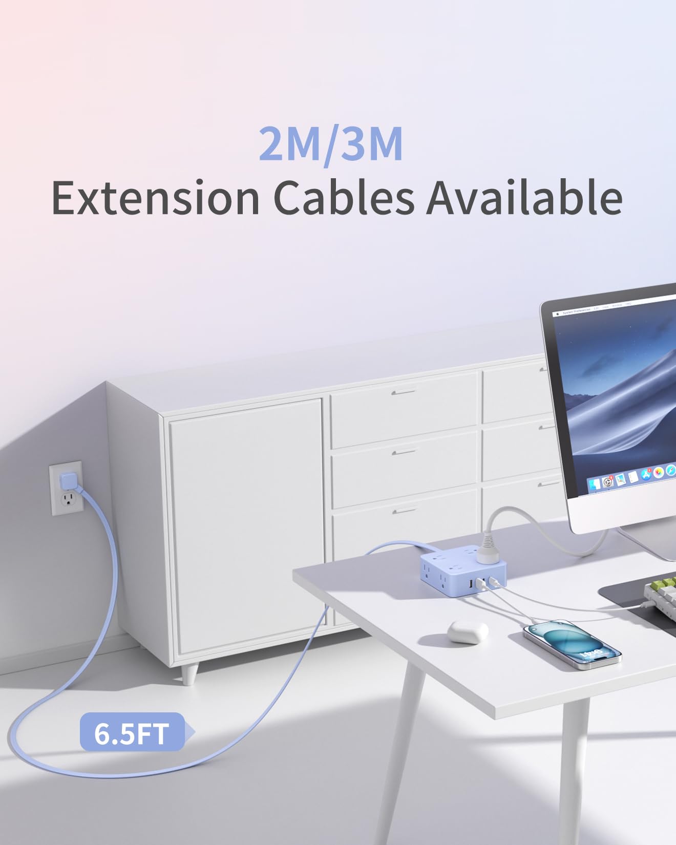SMALLRT Elektrische Mehrfachkontakt-Steckdose, flach, mit Überspannungsschutz, 8 AC-Steckdosen, 4 USB-Ladegeräte (1 USB-C-Port), ultradünn, flache Steckdose (Blau, 1,98 m)